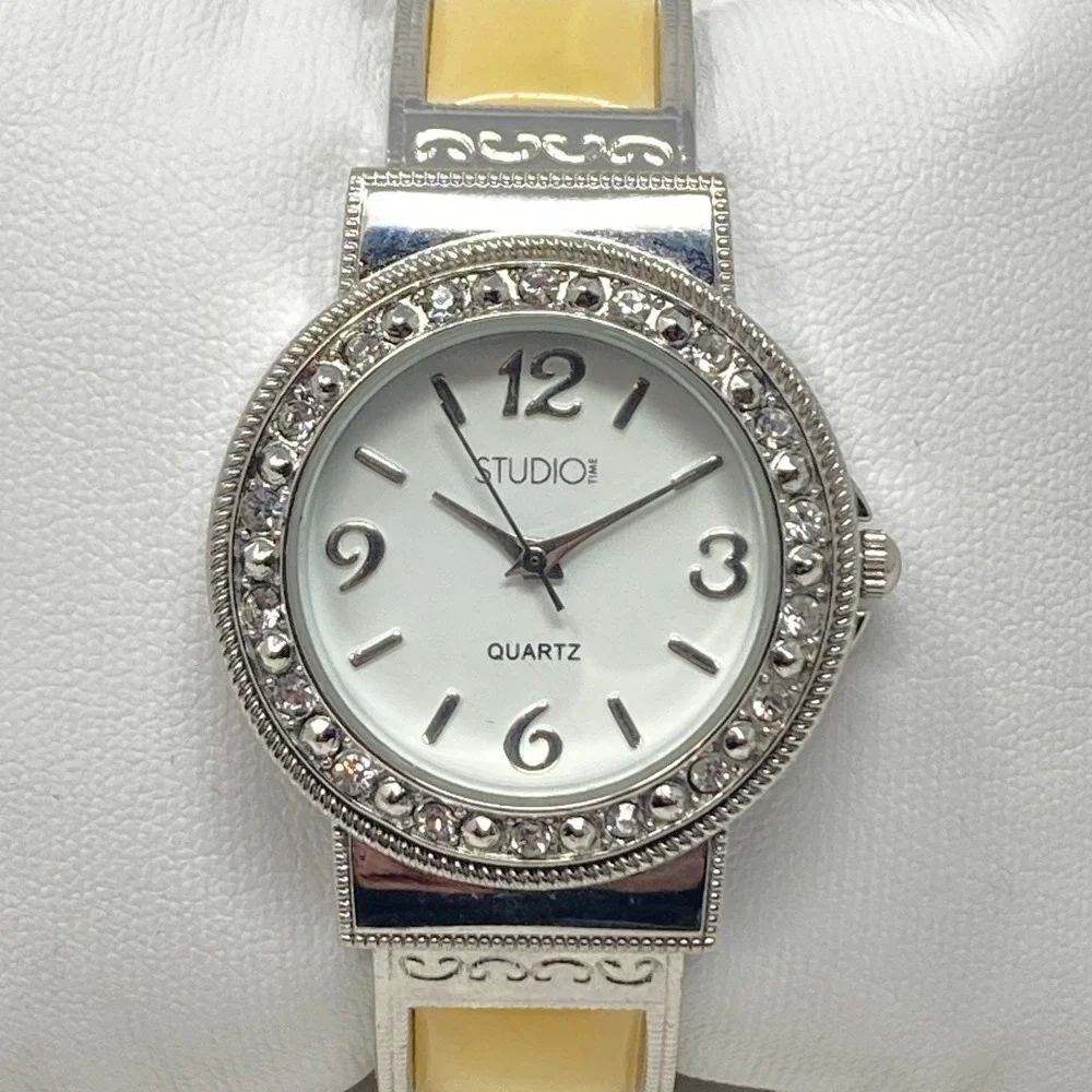 Studio Time Watch Women 32mm Silver Tone Yellow MOP Inlay Cuff Bling New Battery